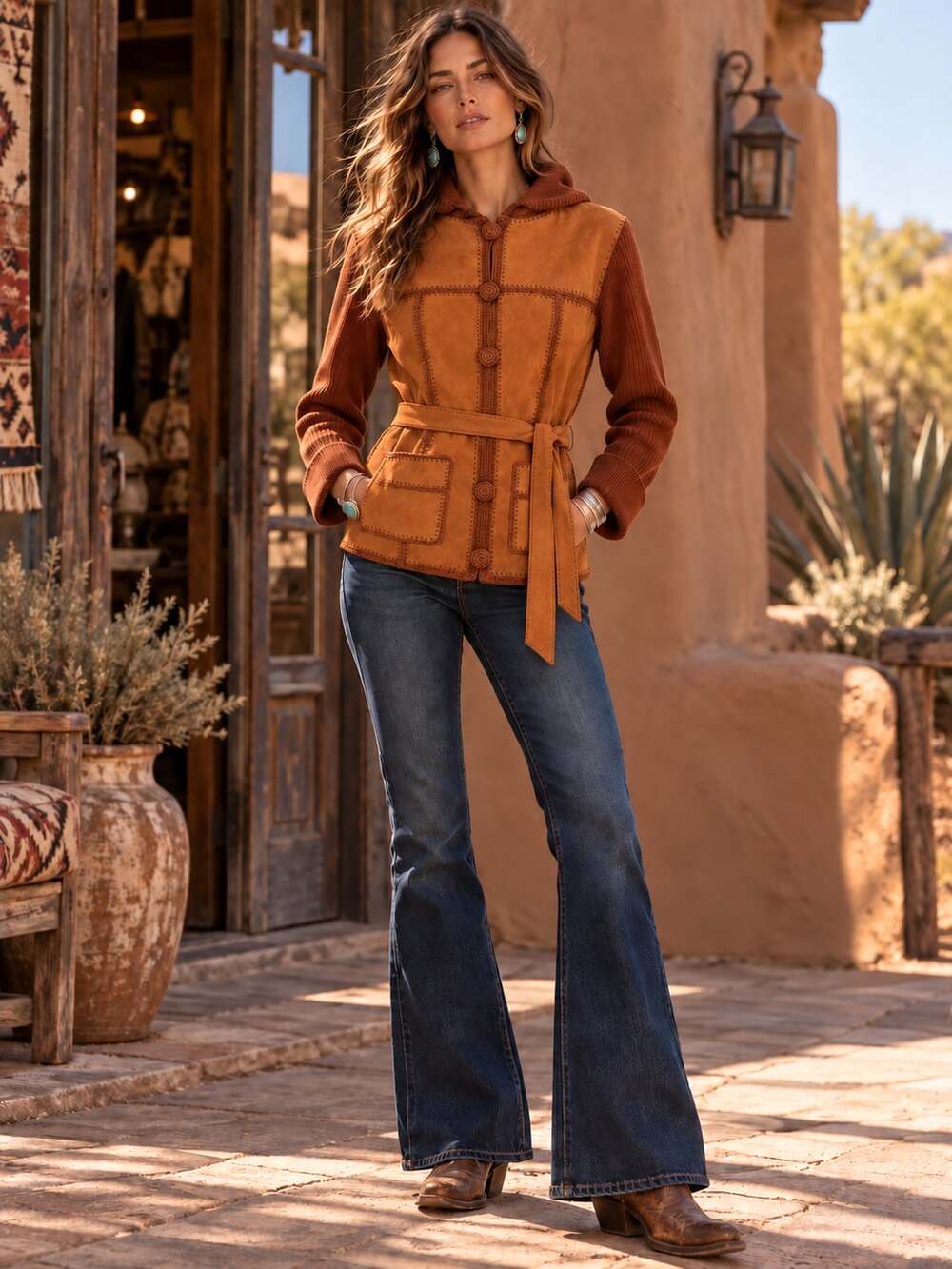 Vintage 70s Suede Hooded Jacket Size M Brown/Rust Patchwork Knit Boho Western